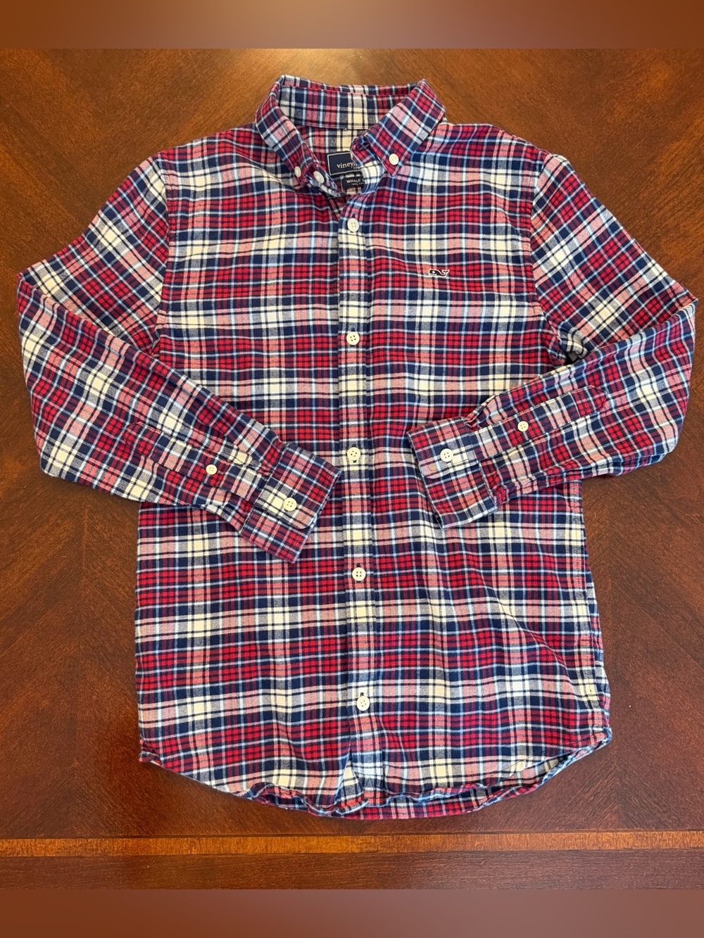 Vineyard Vines Boys Red, Navy Blue & White Plaid Button-Down Flannel Shirt Small